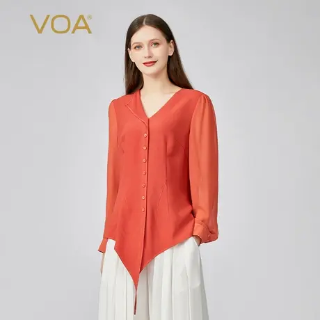 VOA60姆米重磅真丝长空V领拼接乔其长袖休闲百搭尖角摆桑蚕丝T恤商品大图