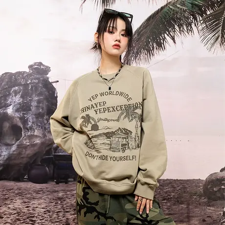 YEP美式复古圆领卫衣女春秋新款原创小众潮牌oversize上衣hiphop图片