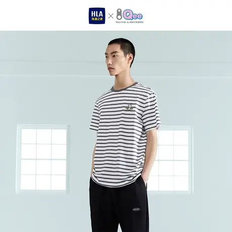HLA/海澜之家Qee联名短袖T恤舒适有型耐穿条纹亲肤透气休闲上衣男商品大图