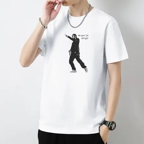 重磅纯棉短袖t恤男宽松白色上衣服半袖液氨长绒棉全棉圆领体恤衫商品大图