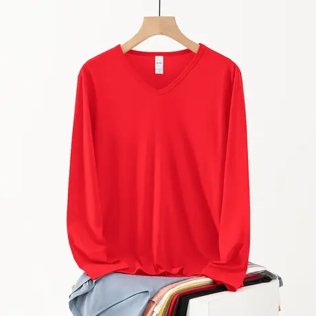 莫代尔长袖t恤男V领秋冬季本命年红色体恤内搭打底衫纯色秋衣小衫商品大图