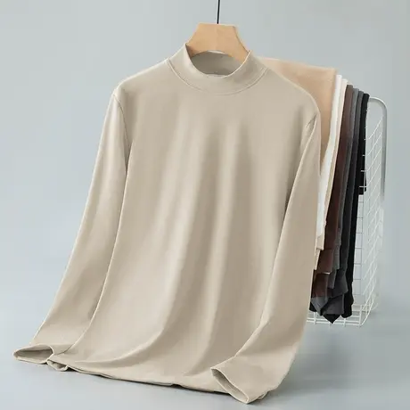 德绒打底衫半高领长袖t恤男2024新款保暖双面绒纯色中领秋衣小衫商品大图