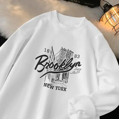 450g重磅白色卫衣男秋冬款2024新款摇粒绒加厚无帽长袖t恤打底衫商品大图