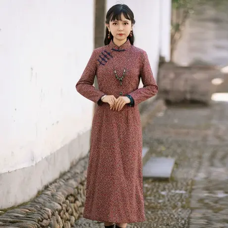棉旗袍冬装加厚2022年新款夹棉改良盘扣复古过年妈妈款民国风女装商品大图