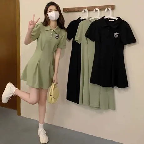 大码女夏装胖mm学院风polo领连衣裙女新款收腰显瘦短袖A字裙200斤图片