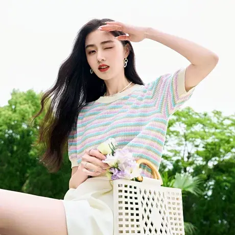 时尚气质短袖针织衫2023年夏季新款淑女温柔圆领条纹显瘦通勤上衣商品大图