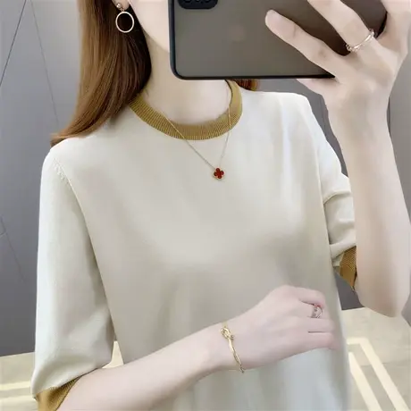 短袖针织衫女T恤小众春夏装2022新款韩版套头中袖打底衫薄款上衣图片