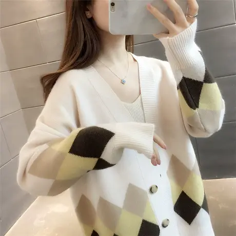 2023秋季新款韩版宽松格子针织开衫女时尚V领百搭外套网红上衣潮图片