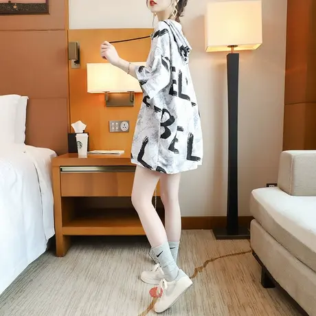 休闲连帽短袖T恤女网红ins超火夏季2024新款宽松慵懒风正肩上衣潮商品大图