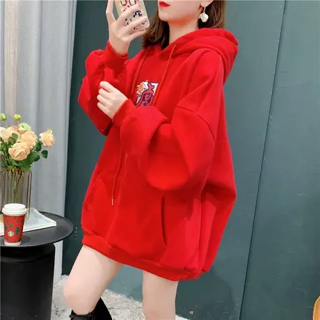 加绒加厚虎年红色卫衣女秋冬2021新款复古宽松慵懒风连帽上衣外套图片