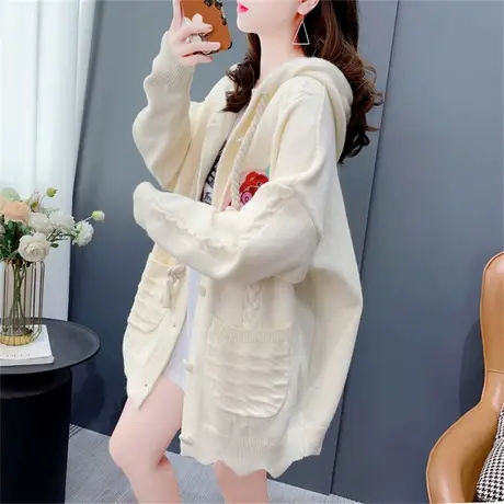 中长款加厚连帽毛衣外套女秋冬新款宽松慵懒风甜美减龄针织开衫潮商品大图