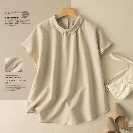 享永子短袖亚麻衬衫夏纯色文艺复古宽松棉麻上衣小众设计2023新款商品大图