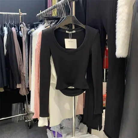 方领长袖T恤女春秋季2023新款韩版修身纯色百搭设计感镂空上衣潮商品大图