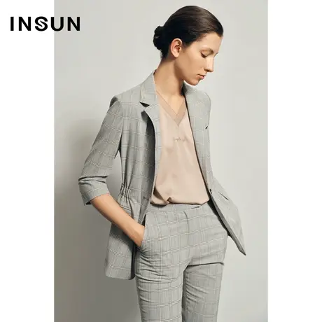INSUN恩裳夏季格子收腰半袖薄款西装外套商品大图