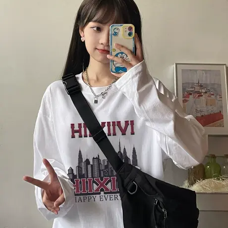 秋冬新款宽松趣味印花长袖打底衫T恤女上衣打底衫纯棉百搭白色ins图片