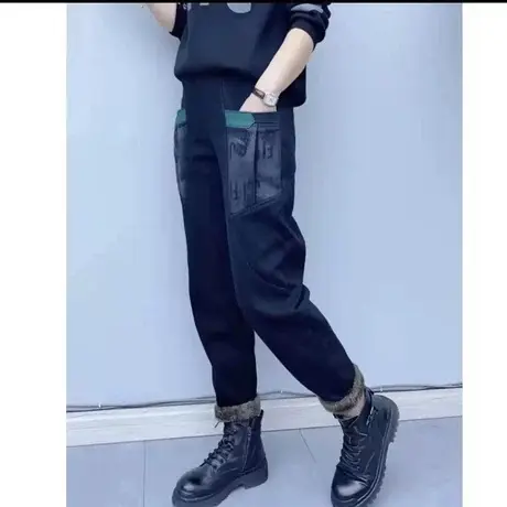撞色大口袋加绒加厚哈伦牛仔裤女2023年冬季新款大码显瘦萝卜裤子图片