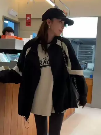 BF风拼色欧货宽松冲锋衣外套女秋季新款中长款棒球服休闲夹克上衣图片