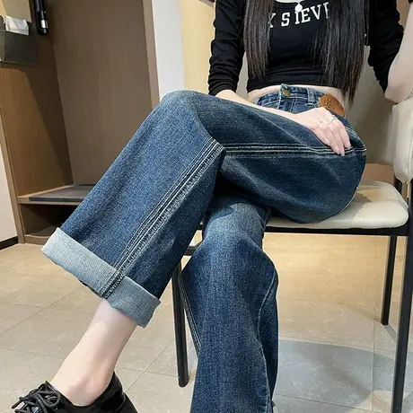 深蓝色高腰阔腿牛仔裤女春秋2023年新款显瘦垂感复古直筒老爹裤子商品大图
