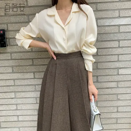 百洛安气质V领衬衫女秋装新款长袖系带洋气小衫通勤简约百搭衬衣图片