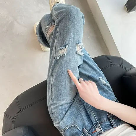 破洞阔腿牛仔裤女2024年春秋新款高腰窄版宽松显瘦小个子直筒裤潮商品大图