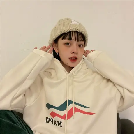 红续创意手绘加绒加厚连帽卫衣女简约百搭保暖长袖外套早春新款图片