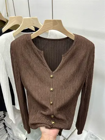 V领轻薄针织衫套头褶皱坑条上衣小衫女2023年早秋长袖修身打底衫商品大图