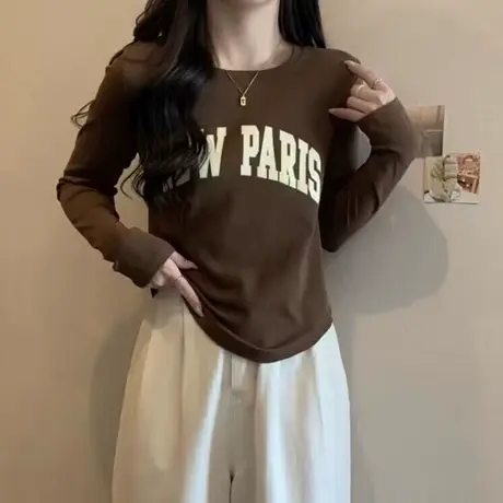 美式复古德绒磨毛长袖T恤女春秋韩版修身显瘦字母印花打底衫上衣商品大图