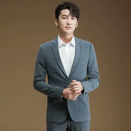 单西装男士春季新款格子商务休闲时尚新郎西服修身职业正装外套商品大图