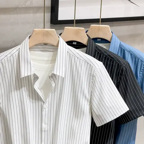 冰丝免烫夏季男士短袖衬衫韩版潮流修身男装条纹衬衣商务休闲寸衫商品大图