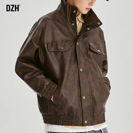 男士美式咖色皮衣外套男春秋款潮牌情侣装2024新款pu皮机车服夹克商品大图