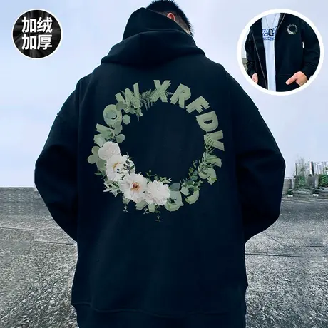 拉链卫衣男2024春秋季新款开衫胖子oversize大码宽松加绒连帽外套图片