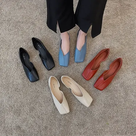 永希女鞋方头平底鞋女2022新款一脚蹬瓢鞋气质百搭春季软底豆豆鞋商品大图