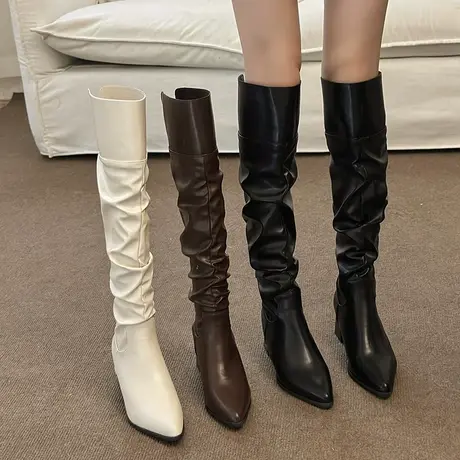 长筒靴女2023年秋冬季新款复古尖头堆堆时装靴超火粗跟高筒骑士靴图片