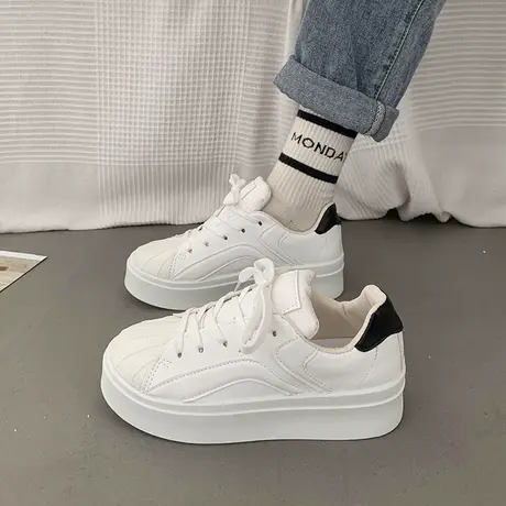 松糕厚底增高小白鞋女2024新款学生小众设计感贝壳头百搭白色板鞋商品大图