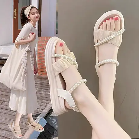 纯色凉鞋女生仙女风ins潮2023新款夏季学生罗马鞋厚底淑女鞋舒服图片