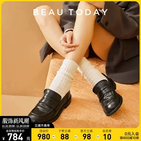 BeauToday黑色乐福鞋女鞋秋冬新款复古小皮鞋英伦风平底真皮单鞋商品大图