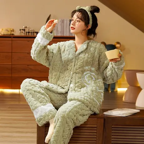 珊瑚绒睡衣女2023新款秋冬加绒加厚冬款法兰绒冬季拉链家居服套装图片