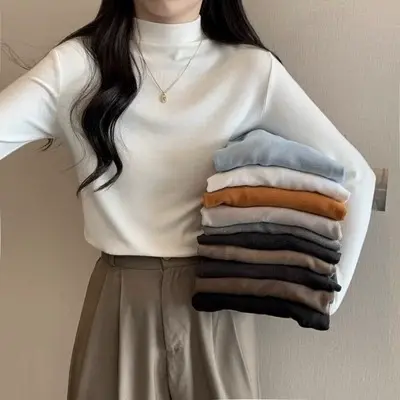 双面德绒保暖内衣女加绒加厚可外穿半高领打底衫秋冬百搭磨毛上衣图片