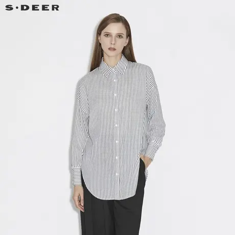 sdeer圣迪奥女装春秋装简约翻领黑白条纹宽松长袖衬衫S21360507图片