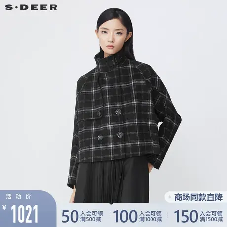 sdeer圣迪奥春装立领双排扣拼接格纹毛呢外套女S21482212⏺商品大图