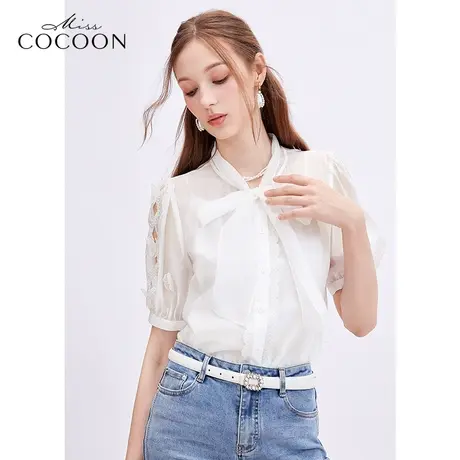 missCOCOON轻薄绣花雪纺衫女2023新款夏季蝴蝶结气质别致小衫上衣商品大图