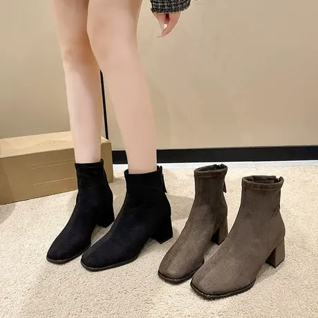 短靴女2023年秋冬季新款方头显瘦弹力靴小众设计感粗跟法式马丁靴图片