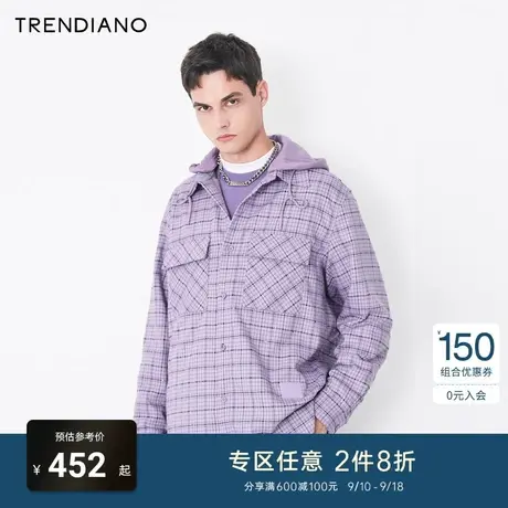 TRENDIANO潮牌官方时尚男装衬衣格子拼接连帽休闲长袖衬衫男士商品大图