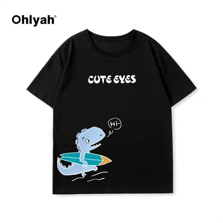 Ohlyah春夏新款卡通小龙印花纯棉短袖T恤男女情侣休闲学院风上衣图片