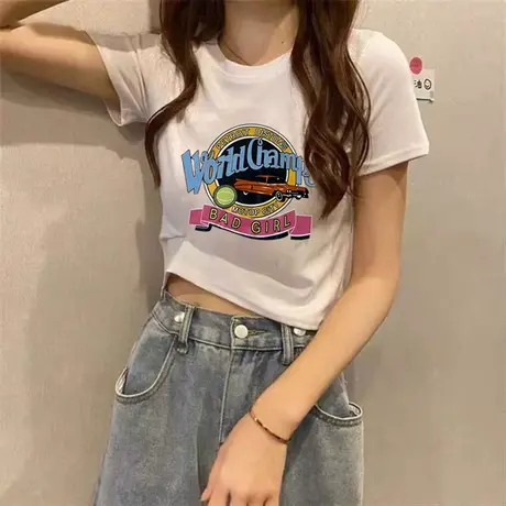 美式复古甜酷辣妹风上衣夏季别致高腰短袖t恤女短款宽松薄款小众商品大图
