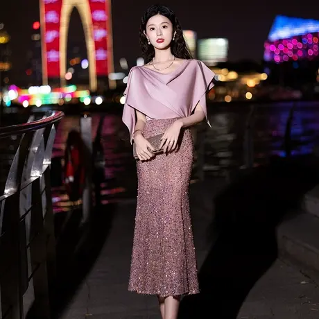 晚礼服女主持人气质亮片鱼尾裙高端高贵优雅宴会高级感高定连衣裙图片