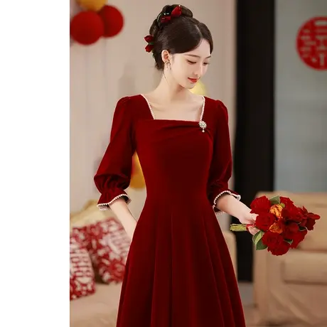 丝绒长袖敬酒服新娘冬季回门红色礼服订婚连衣裙冬天加厚长款高档商品大图