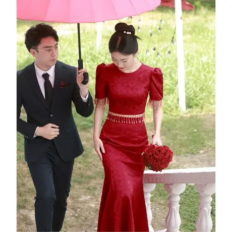 敬酒服2024新款新娘高级感回门裙子订婚礼服修身鱼尾两件套连衣裙商品大图