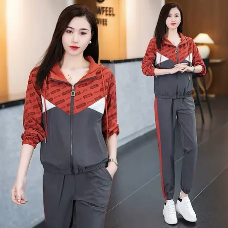 梭织连帽休闲运动服套装女春秋2024年新款宽松薄款拉链卫衣两件套商品大图