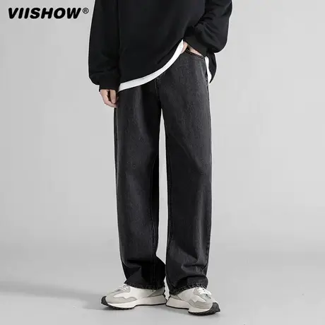 VIISHOW牛仔裤男美式复古简约纯色做旧潮牌宽松阔腿休闲百搭长裤商品大图